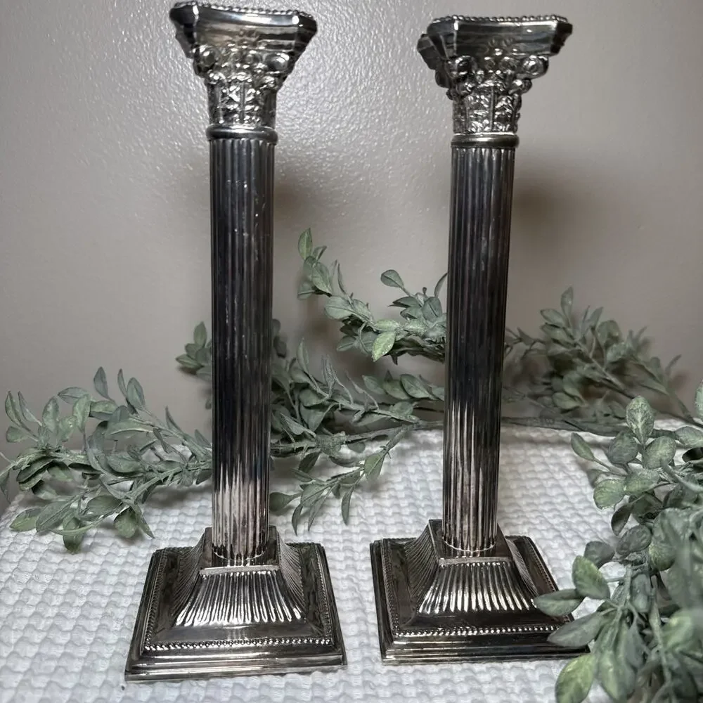Pair 10” Vintage E.B. Rogers Silverplate Corinthian Column Candlesticks Heavy